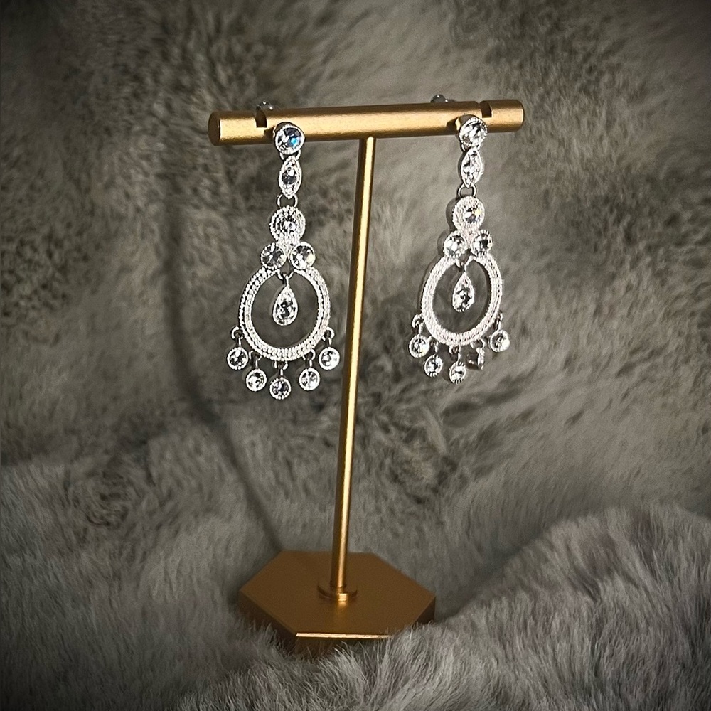 Dangle Earrings - Silver Toned - White Crystal
